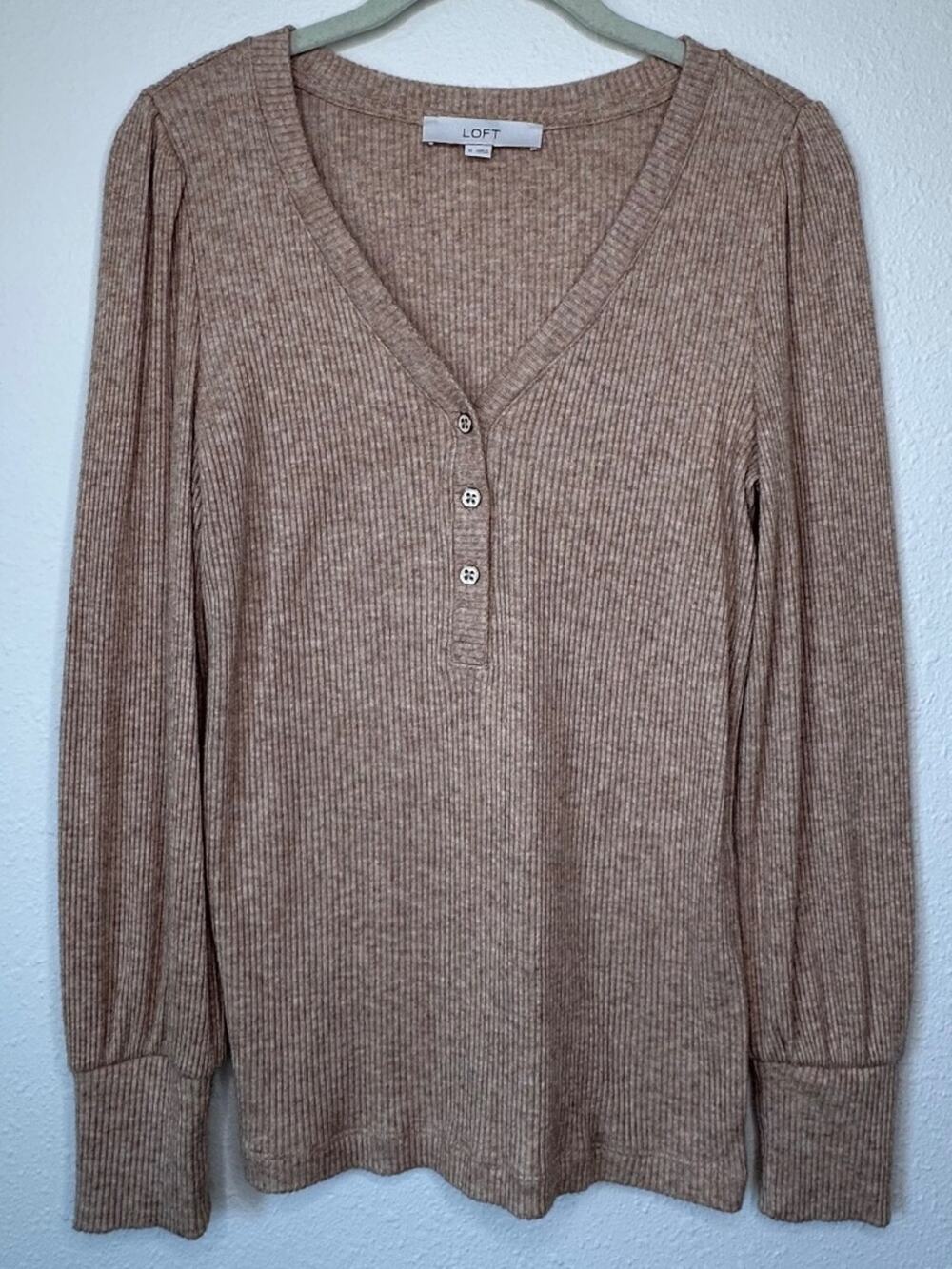 Ann Taylor LOFT Ribbed Henley Long Sleeve Top, Taupe Heather, Sz Medium